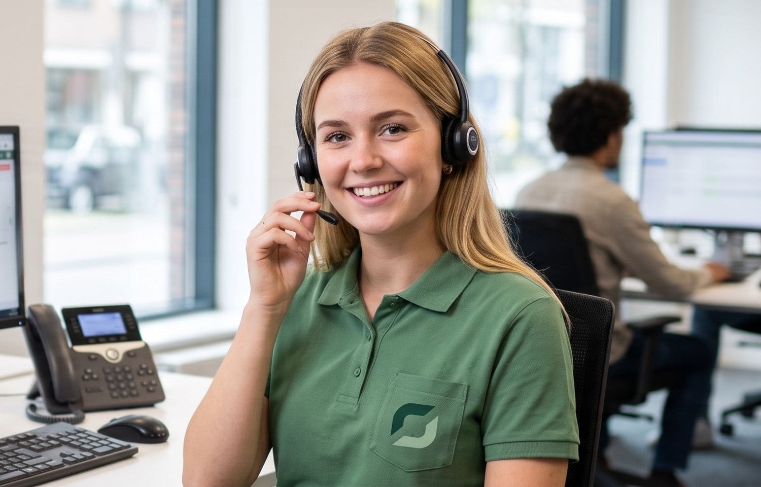 Charlotte, energieadviseur bij Duurzaam Opgelost, aan haar bureau